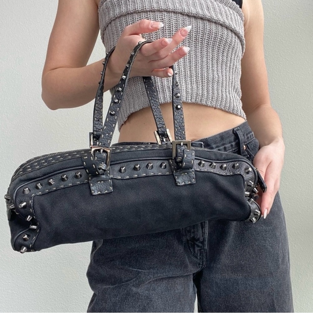 Authentic Fendi Selleria Studded Long Baguette Bag.